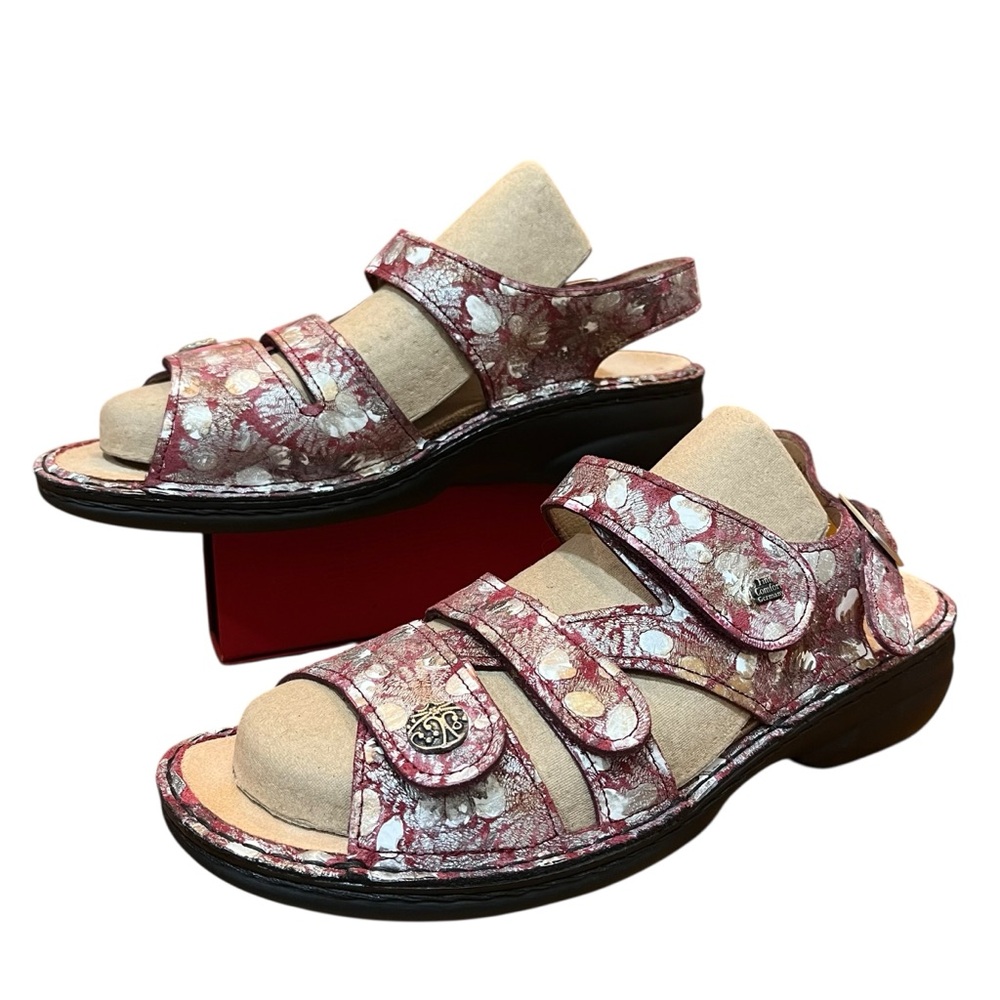 Finn Comfort Silver Floral Sandals Burgundy Arch Support Vacation Travel 39 - Picture 2 of 16